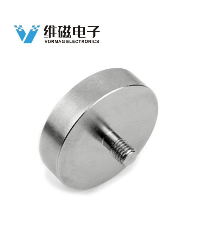 Flat Neodymium Pot Magnets with External Thread, Nickel Plating